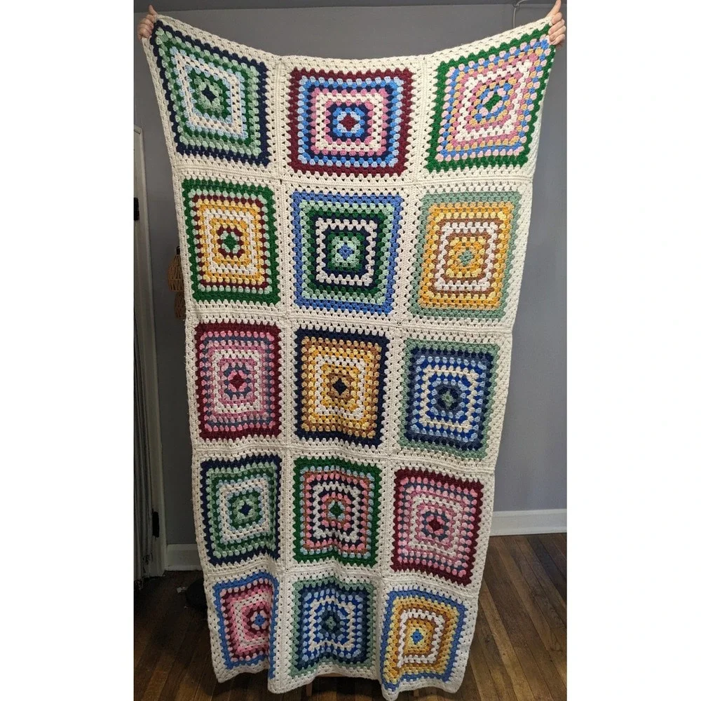 Vtg Handmade Crochet Granny Square Afghan Throw Blanket Multicolor Boho 52x84